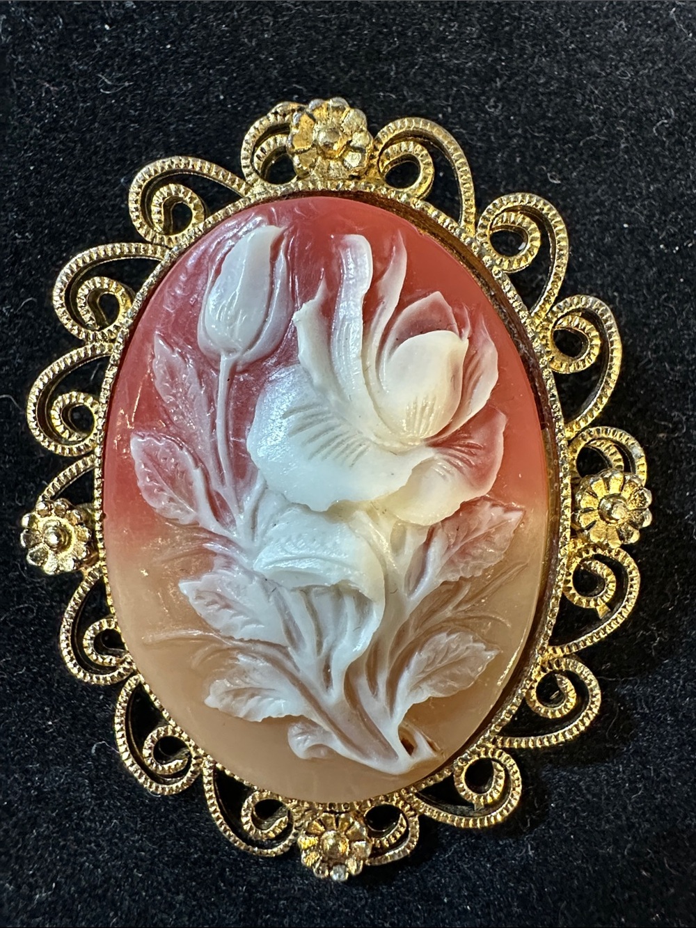 376 - Cameo Gold Filigree Carved Resign Cameo Brooch in White and Coral color